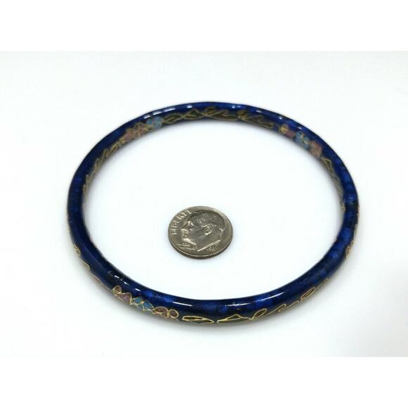 Vintage Cloisonné Bangle Bracelet, Blue Pink Floral Enamel, Asian 1960s, 8 3/4" - Picture 8 of 12